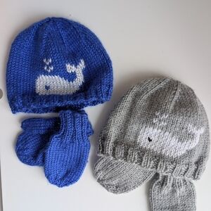 Blue and Gray Whale Knit Hat and Mittens Set
